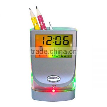 7 color change transparent penholder calendar with clock