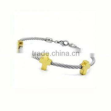 High quality stainless steel cuff bracelet blank cable cuff bracelet twisted cable cuff bracelet with gold cross charms LB8392