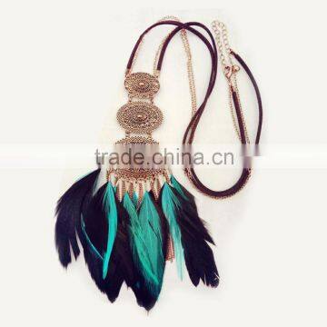 Retro Style Flock Necklaces Jewelry Coffee Flocking Chain Three Round Engraved Metal Black Blue Feather Pendant Long Body Chain