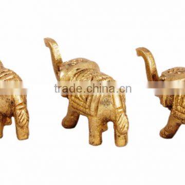 Large Vintage Brass Set of 3 Elephant Figurine Ornate Engraving Lucky Symbol W Trunk UP
