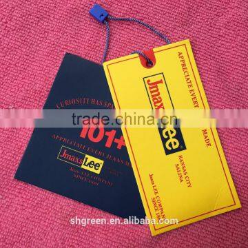 Washable jean coated paper hangtag with palstic tags