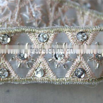 2.5cm Beaded Organza Embroidery Lace Trim With Cup Sequins in Rose Gold photo-5