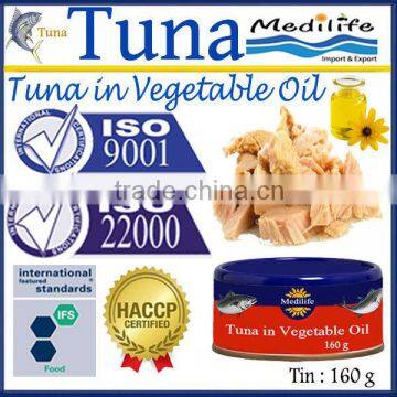 Can of Tuna in Vegetable Oil, 100% High Quality of Tuna, Tuna in Vegetable Oil, 160 g