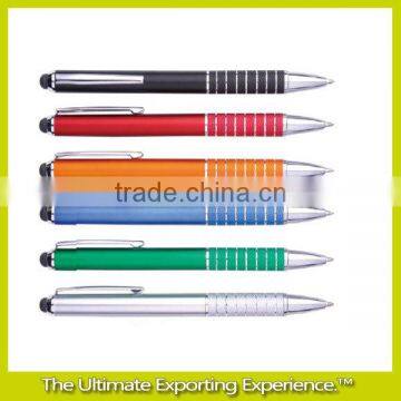 ball pen with stylus shining chrome end and tip metal shining chromeclip lacquered color barrel aluminum grip pen