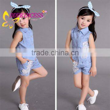 2015 fashion blue cowboy girl suit cowboy set for baby girl children