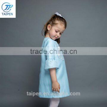 Girls A-line Puff Sleeve Dresss With Flower Pattern Blue Stain Dress Designs For Girl OEM Service photo-3