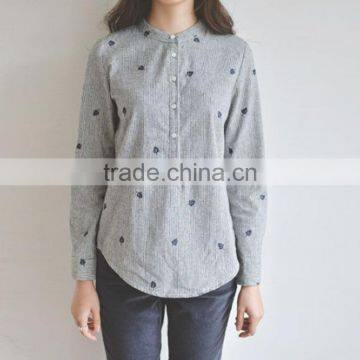 100 Cotton Comfortable Long Sleeve Leaves Embroidery Striped Shirts for Women Stand Collar Shirts photo-6