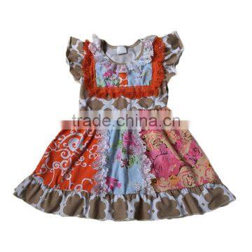 summer dress for girls flutter sleeve printing lace ruffle dress have pocket latest dress styles baby frock design pictures