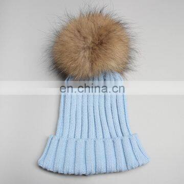 Hand made jumbo raccoon fur ball girl hats real pompom knitted hats