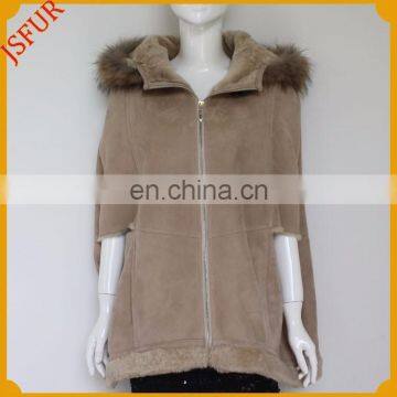 Women fur cape with sheepskin leather coat raccoon trim fur poncho