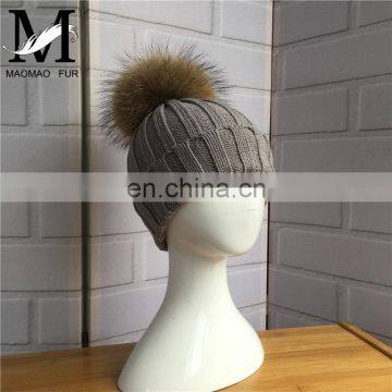 Hot Sell Cute Winter Hats Natural Raccoon Fur Pompom Beanie Cap With Ball Top Knitted Crochet Kid Hat photo-3