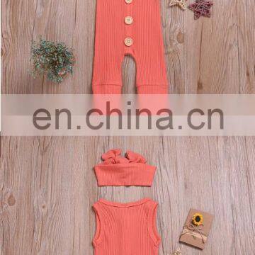 Plain Color Sleeveless Big Buttons Romper Jumpsuit Factory Wholesale Price Boutique Girls Cotton Romper Matching Headband