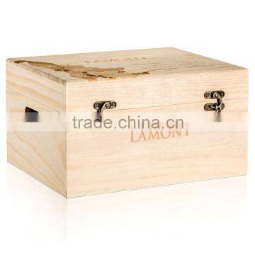 Custom laser / engraved logo hinged lid wooden 6-bottle wine boxes, natural wine box wood