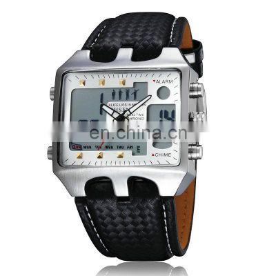 OHSEN AD0930 Men Leather LED Digital Quartz Sport Watches Waterproof Military Wristwatch