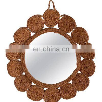 Brown Vintage Straw Flower Round Seagrass Mirror Decoration Bohemian Art Decor Manufacturer Vietnam Cheap Wholesale