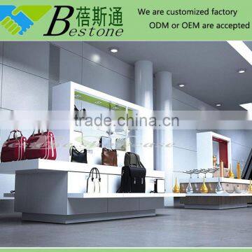 Custom shopping mall RMU display stand, mall center handbag tower slatwall display