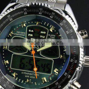 Brand New mens man analog digital alarm blue face stainless steel sport quartz watch