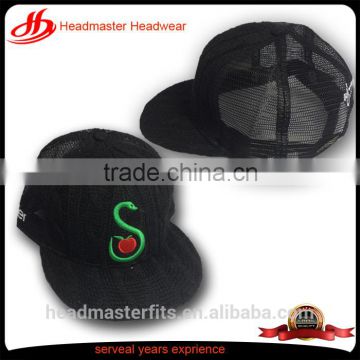 Custom embroidery black knitted crochet printed flat underbrim mesh trucker snapback cap