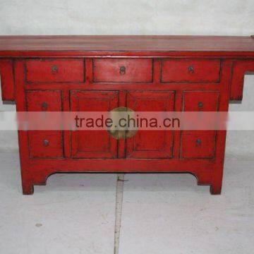 red two door seven drawer cabinet