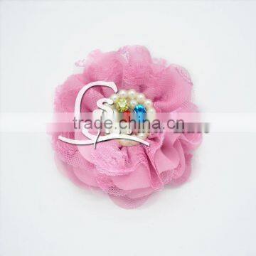 10cm colorful rhinestone pearls Chiffon fabric Flower on sale, Handmade gemstone flower head for baby headband accessories