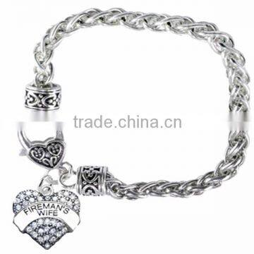 Clear Crystal Covered "FIREMAN'S WIFE" Heart Charm Chain Link Bracelet