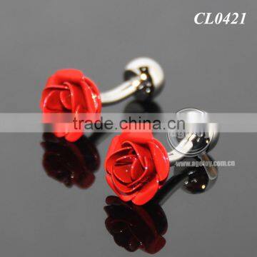 3D Red Rose Shaped Sleeve Shirt Enamel Cuff Links For Party Fashion Alloy Silver Metal Souvenir Wedding Cufflinks photo-2