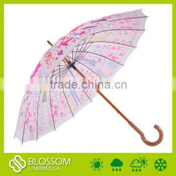 New product wooden shaft cartoon rain umbrella