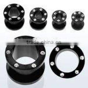 Black anodized steel flesh tunnel with crystals