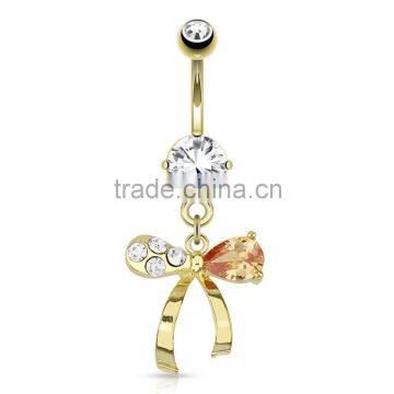 Gold Plated Jeweled Ribbon Dangle Belly Button Navel Rings