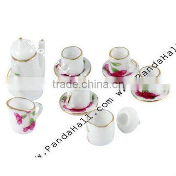 Porcelain Tea Set Decorations, Magenta, Size: Saucer: about 16x4mm; Teapot: about 14~29x11~25x10~11mm (SJEW-R025)