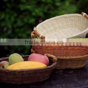 Rattan fruit basket and tray with wood handle