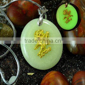 Gold plated luminous pebble stone necklace with stainless steel chain gold rose stone pendant