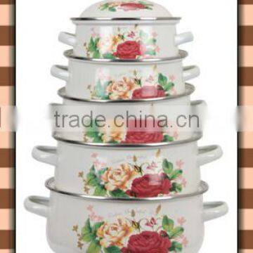 Graceful Design Red&Yellow Flower Decal Enamel Cooking Pot Set 5 Pcs Cast Iron Stew Pot Double Handle With Enamel Lid
