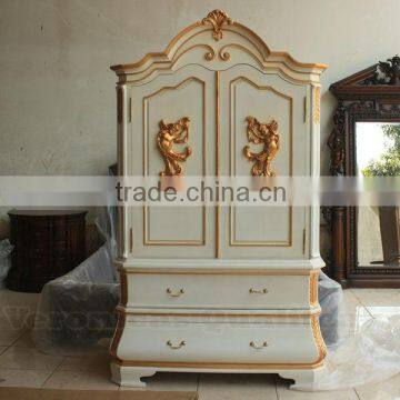 Antique Reproduction White Painted Wardrobes With Angel Carved Detail