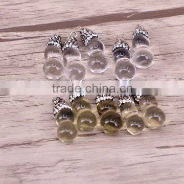 Clear Yellow Crystal Gourd Pendant, Drusy Gemstone Pendant with Crystal Rhinestone Capped Jewelry Pendants