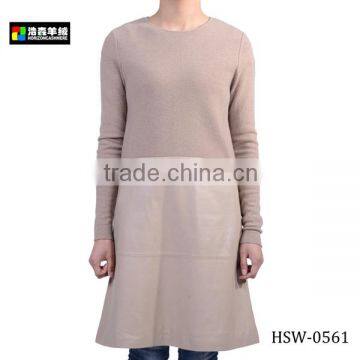 Nude Cashmere Leather Knitted Dress, Ladies Plain Long Leather Dress