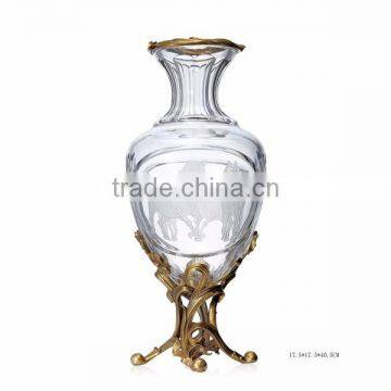 Bronze Casting Leaves Design Crystal Flower Vase, Home Decorative Square Crystal Vase With Gilt Bronz Base photo-4