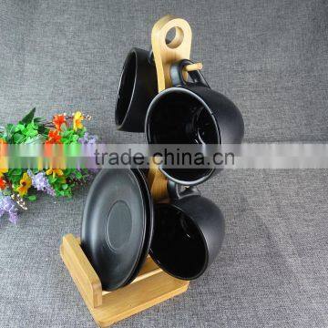 Bulk 4PCS Fashion Black Porcelain Tea Set Cups And Saucers With Wooden Stand