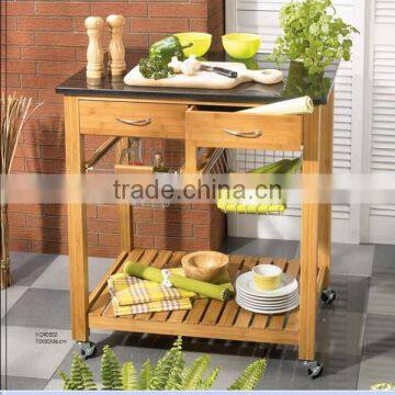 Cheap solid Bamboo kitchen serving trolley with basket