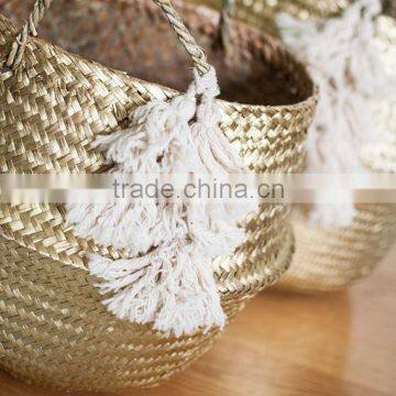 Blush Tassel Golden Metalic Seagrass Belly Basket/folding Seagrass Basket, Set of 3 Sizes photo-3