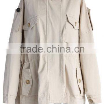 Beige Color Concealed Zip Button Closured Front Women Short Plus Size Coat With Lace photo-4