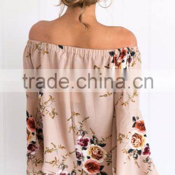 Bell Sleeve Floral Print Woman Tops and Blouses Latest Design off Shoulder Women Tops photo-4