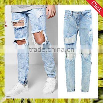 Lastest men's broken holes denim jeans skinny men ripped ankle zipped jeans trousers