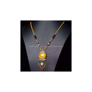 Neffly Jewelry Natural Beeswax Yellow Chanterelles 4 mm With S925 Silver Necklace Inlaid Yellow Chalcedony Bluing Accessories With Blood Amber Beads, Lapis Lazuli, Nam Hung, photo-3