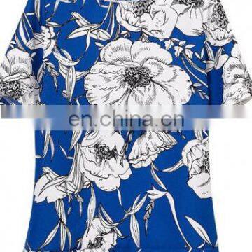 Dark Blue Floral Print Short Sleeve Chiffon Blouse