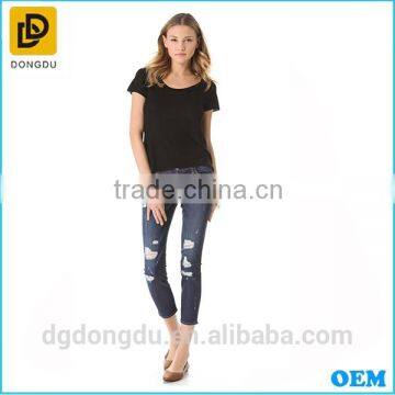 Lady Casual Fashion Black Rib Short Sleeve T-shirt 2016 photo-3