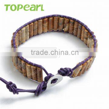 Topearl Jewelry Picture Jasper Fashion Bracelet Woven Leather Wrap Bangle 7.5 Inches CLL124 photo-2