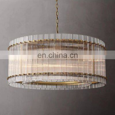 San Marco Round Chandelier 37'' Handmade Fluted Glass Panels Solid Brass Frame Drum Shape Pendant Lamp