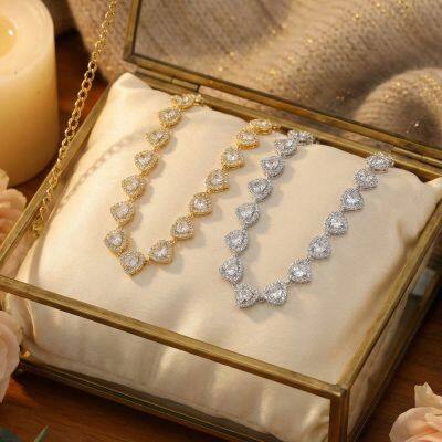 Iced Out Bling 5A Cubic Zirconia Halo CZ Cluster Heart Shaped Tennis Chain For Women Girlfriend Lover Wedding Choker Necklace photo-3