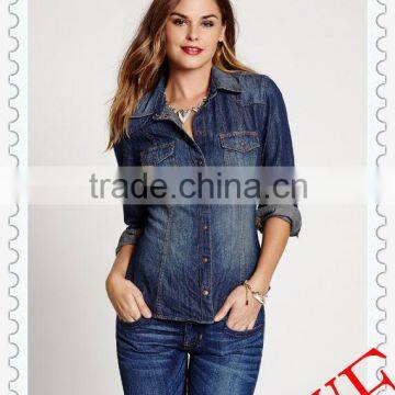 2014 autumn women's long sleeve lab washed denim loose casual shirt with two pockets